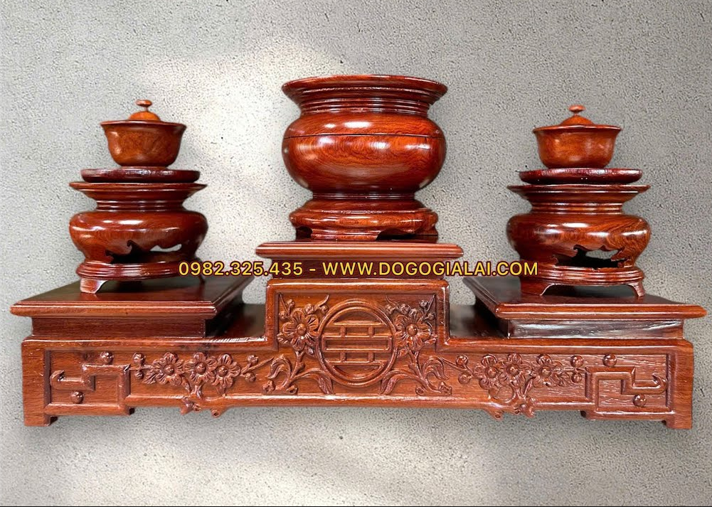 Đế Kê Bát Hương Gỗ kèm 1 bát hương, 2 đài nước